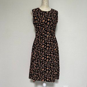 Vintage 90's Black and Orange Floral Mid-Length Dress with Silver Chain Belt